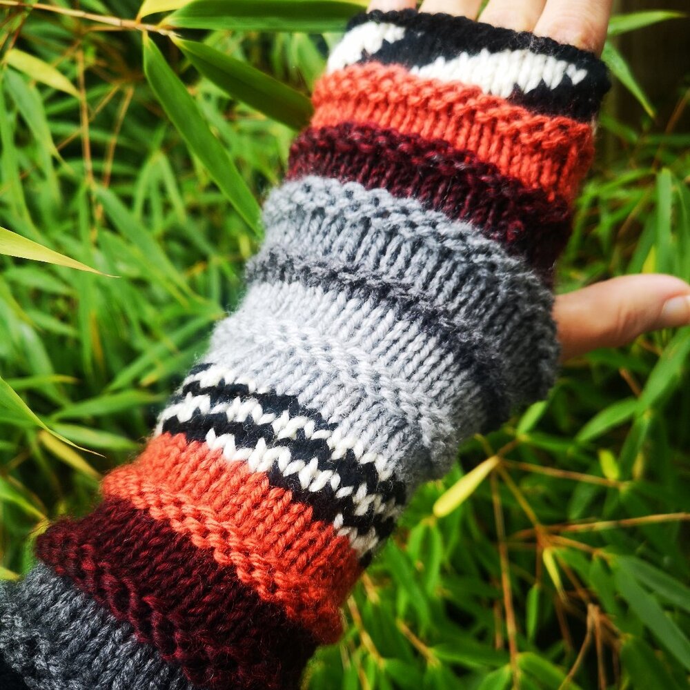 Multicolor Striped Knit Fingerless Gloves Mittens Arm Warmers Handmade